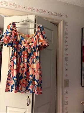 Flying Tomato Multicolor Floral Puff-Sleeve Tunic - Pink, Blue, Orange